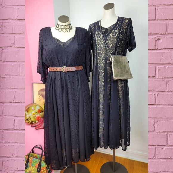 Vintage 90s Navy Lace Overlay Boho Maxi Dress - Picture 7 of 7